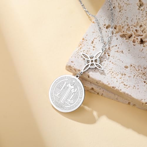 TEAMER Saint Benedict Witch Knot Pendant Necklace Double Protection St. Benedict Necklace Jesus Cross Religious Catholic Amulet Jewelry Silver No Chain