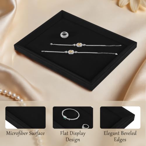 Microfiber Jewelry Display Tray Ring Earring Necklace Bracelet Watch Storage Plate Drawer Insert Vanity Countertop Retail Showcase Jewelry Organizer Tray (Black, 11.8 × 9.1 in) Black
