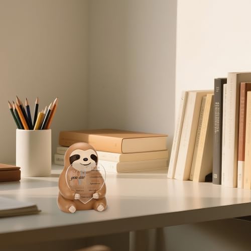 Tiny Sloth Statue with Heart Acrylic Plaque, Inspirational Resin Figurine Desk Decor, Motivational Gift for Women Men, Encouragement Keepsake for Office, Graduation, Birthday PF007 Tiny Sloth Statue PF007