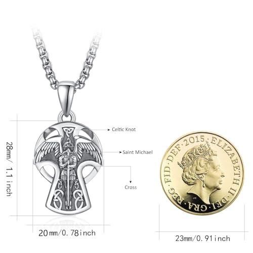 KINGWHYTE Celtic Cross Saint Michael Necklace 925 Sterling Silver for Men