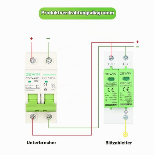 DEWIN Circuit Breaker 32A 2-Pin Solar Photovoltaic Isolator MCB Circuit Breaker for PV System 2P DC 1000V Type C 32ADC1000V