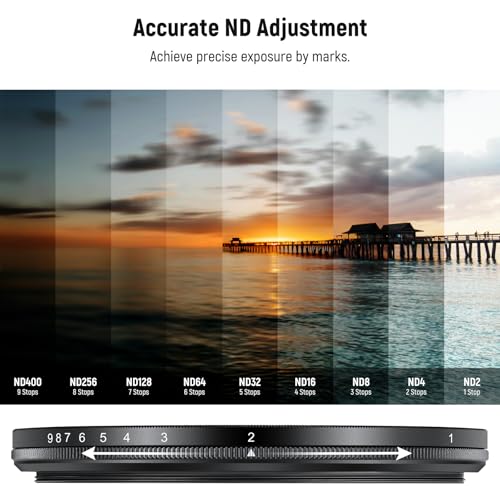 NEEWER 72mm Variable ND Filter ND2-400 (1-9 Stops) with 3X Cleaning Cloth, Adjustable Rotating Variable Neutral Density Camera Lens Filter with Multicoated Optical Glass for Exposure Balance