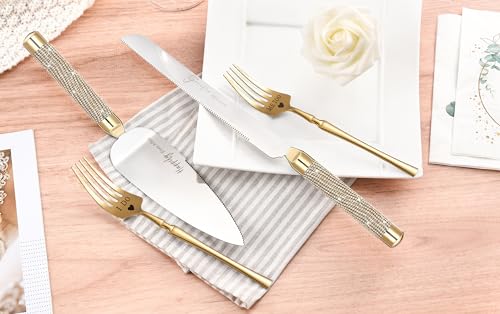 ROXBURGH Wedding Cake Knife and Server Set, Gold Rhinestone Handles
