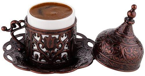 DEMMEX 2024 Turkish Greek Arabic Coffee Serving Set with Cups, Saucers, Cup Holders, Lids, Sugar Bowl & Lid and Tray, 11 Pcs (Antique), Medium Antique Brass