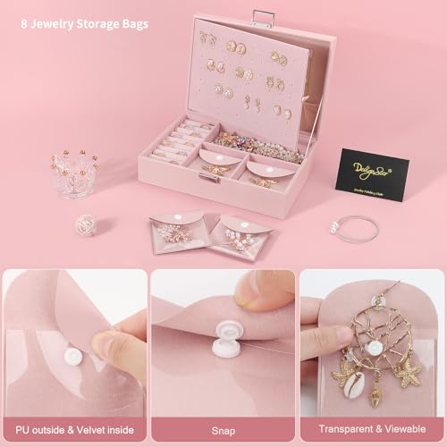 DesignSter Jewelry Box for Woman, 2 Layers Leather Jewelry Organizers and Storage with 8 Small Jewelry Pockets，Jewelry Box for Earrings Necklaces Bracelets with Cleaning Cloth Rings(Pink) Pink