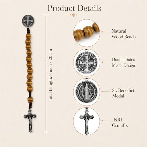8 Inch Wooden Pocket Rosary for Men, Rosario with Saint Benedict Medal Black