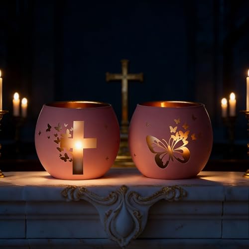 Pink Butterfly Cross Candle Holders 2Pcs Religious Christian Gifts Butterfly Pink