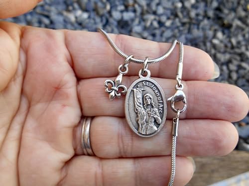 Saint Joan of Arc Necklace, 18" Stainless Steel Snake Chain, Fleur de Lis Charm, Patron Saint of France, Confirmation Gift