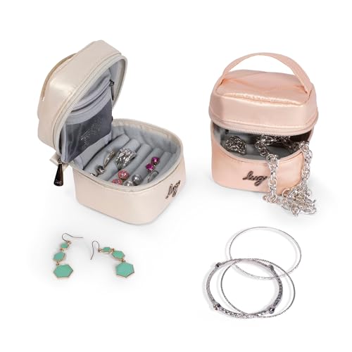 Lug Swizzle Mini Travel Jewelry Case – Compact Organizer with Ring Rolls, Earring Holder, Necklace Pouch & Zip Closure – Metallic Black