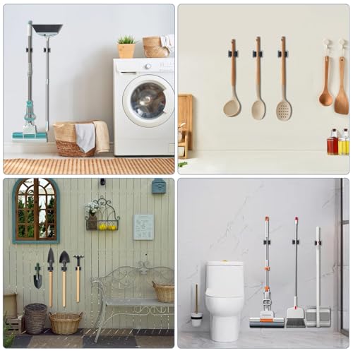3-H Tool Holder Wall Mount, Wall Broom Holder for Mops / Brooms / Garden Tools for Walls, Masonry / Doors - Up to 4 kg | Broom Holder Wall Mount for Broom Garden Tools Shovel Mop Device Holder for Home Garden Garage Powder Coated 10 Black