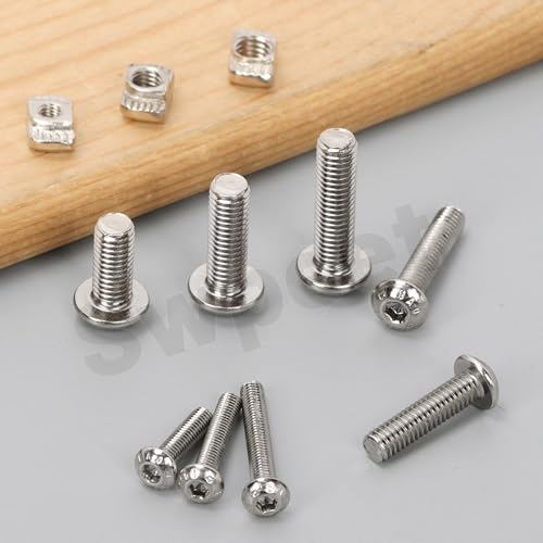 Swpeet 201Pcs M3 Nickel Plated T Nuts Screws with Hex Wrench Assortment Kit, M3×12/16/20 Button Head Hex Socket Head Cap Bolts, T Slot Nut Hammer Head Fastener for 2020 Series Aluminum Profile Groove