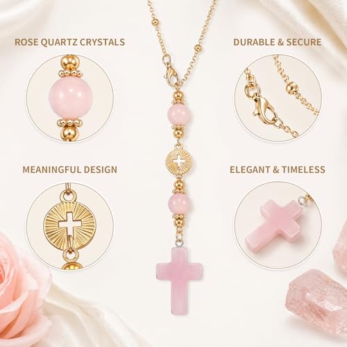 Crystal Cross Rearview Mirror Pendant, Rose Quartz Crucifix, Catholic Gift