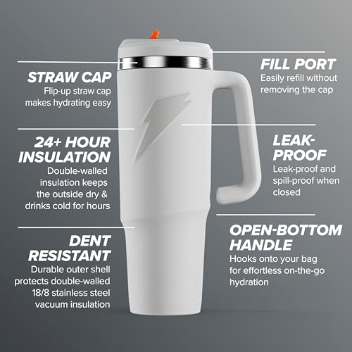 Gatorade Crossover Stainless Steel Tumbler Water Bottle, White, Double-Wall Insulation, 36 fl oz 36 Ounces