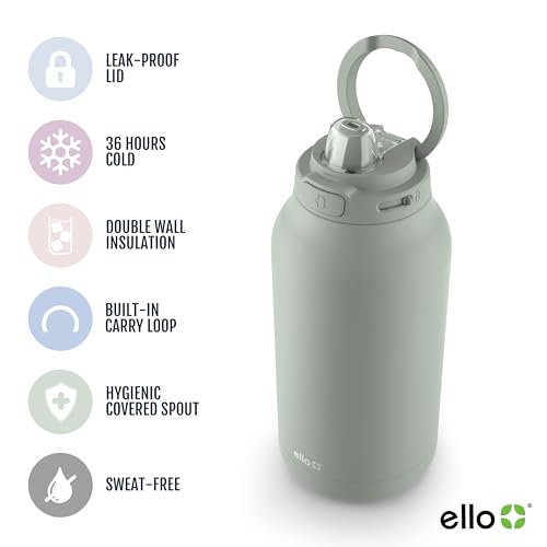 Ello Hydra 64oz Half Gallon Vacuum Insulated Stainless Steel Jug, Sage 64 Ounces