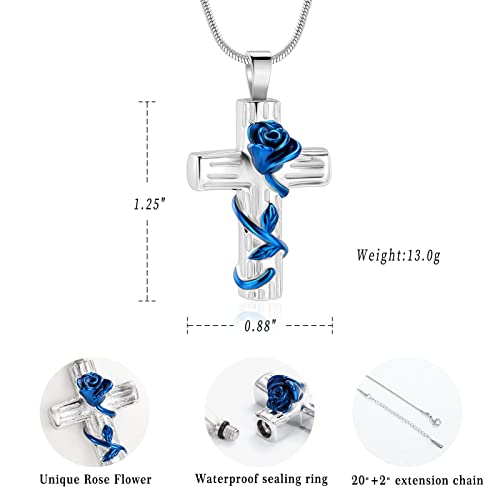 Minicremation Urn Necklace for Ashes Rose Flower Cross Cremation Jewelry Pendant for Human/Pet Funeral Keepsake Memorial Necklace Blue