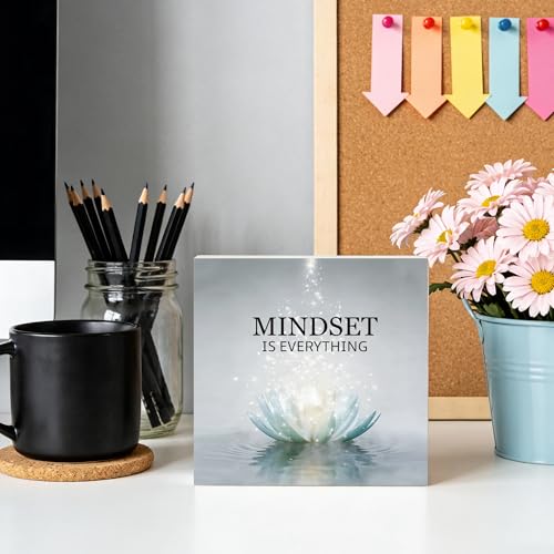 Mindset Is Everything Inspirational Wooden Box Sign 5x5 Inch, Lotus Flower Spiritual Meditation Decorative Wood Signs for Zen Room Yoga Studio Home Office Desk Tabletop Shelf Decorations Wooden Box Sign C