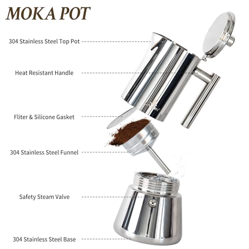 LAOION Stovetop Espresso Maker, 6Cup 10 oz Moka Pot, Stainless Steel Silver 6-Cup