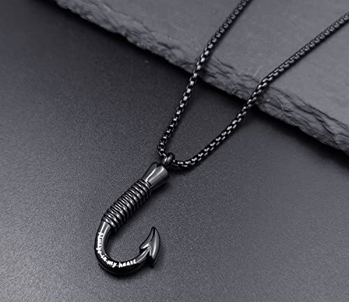 YOUFENG Fishing Hook Urn Necklace for Ashes Stainless Steel Cremation Jewelry Always in My Heart Ashes Necklaces Memorial Keepsake for Men Black