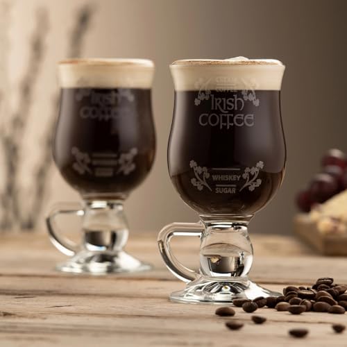 GALWAY Crystal Irish Coffee Glass Set, 5.7" H x 3.3" W Clear Glass Coffee Mugs for Lattes and Specialty Drinks, Set of 2