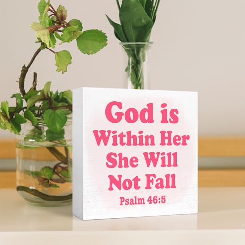 Psalm 46:5 Bible Verse Desk Decor God Is Within Her She Will Not Fall Wooden Box Sign for Pray Room,Christian Scripture,Religious Gift for Women 5x5 Inch