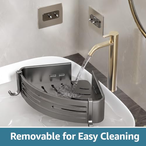 Gray Pesnftr adhesive corner shower caddy with 2 tiers, no drilling aluminum bathroom storage shelf in a bathroom setting.