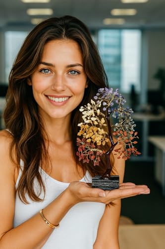 CREATIVE LEATHER ART 7 Chakra Crystal Tree with Raw Black Tourmaline Base - Gemstone Bonsai Money Tree for Good Luck & Protection