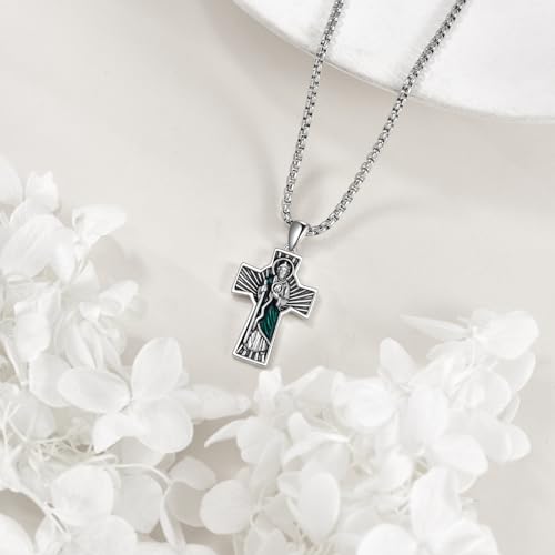 VONALA Saint Judas Tadeo 925 Sterling Silver Necklace Cross Crucifix Pendant Jewelry Gift for Women Men