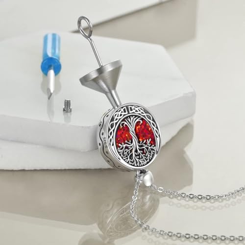 ONEFINITY Tree Of Life Urn Necklaces For Ashes Sterling Silver Opal Tree Of Life Cremation Jewelry For Ashes Memory Jewellery For Women Men Red Opal Tree
