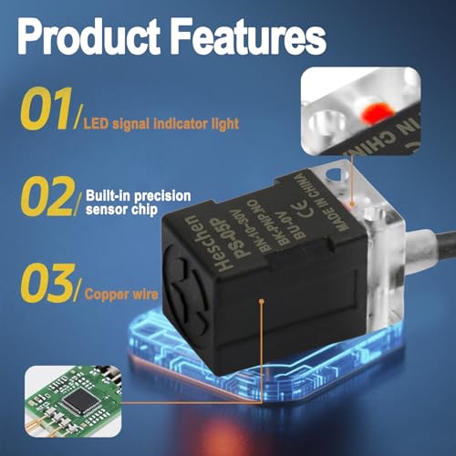 Heschen Inductive Proximity Switch PS-05P, 10-30V 200mA, PNP NO, Sensor Distance 5mm, CE, Pack of 5