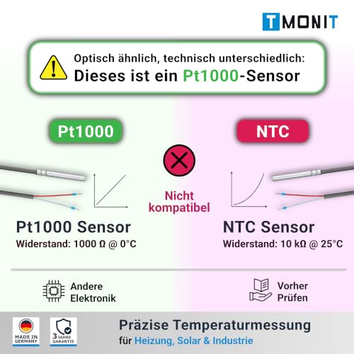 PT1000 Temperature Sensor with 5 Meter Silicone Cable, up to 200 °C, Temperature Sensor, Cable Sensor, Solar Sensor, Made in Germany 5m silicone cable 1