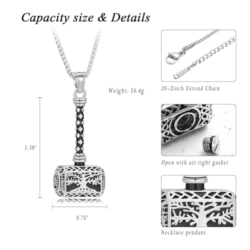 XSMZB Viking Thor Hammer Cremation Jewelry for Ashes Tree of Life Hammer Keepsake Ashes Necklace for Human Pet Funeral Memorial Pendant Silver