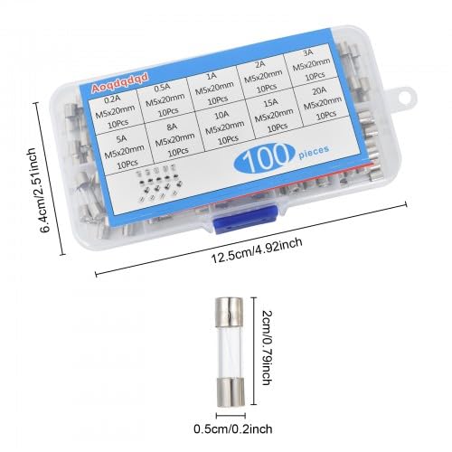 [Australia - AusPower] - 10 Values Pack of 100 Fine Fuse Assortment, 250 V, 0.2 A, 0.5 A, 1 A, 2 A, 3 A, 5 A, 8 A, 10 A, 15 A, 5 x 20 mm Fuse, Fuses, Micro Fuse, Carrier, Glass Fuse 