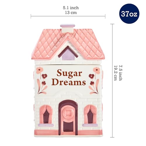 Bico Spice Cottages 7.5-Inch Pink Ceramic Cookie Jar, Hand-Painted House-Shaped Airtight Container for Cookies, Treats & Snacks