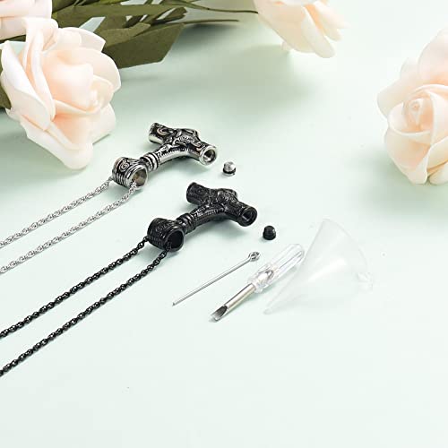 shajwo Mjolnir Thors Hammer Urn Necklace for Ashes for Men Celtic Nordic Viking Cremation Jewelry for Women Keepsake Memorial Ashes Pendant 2PCS Silver/Balck