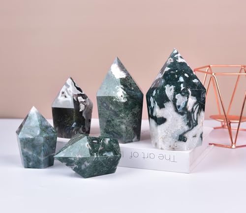 Moss Agate Stone Tower Obelisk Large Healing Crystal Rock Point Wand Reiki Healing Meditation Stone 0.6-1.1 LBS Moss Agate 0.6-1.1 Pound