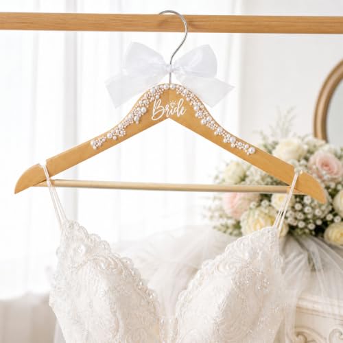 2 Pack Bride and Groom Wedding Hanger Set, Wooden Bride Hanger for Wedding Dress, Elegant Wedding Dress Hanger with Pearls and Bow Tie