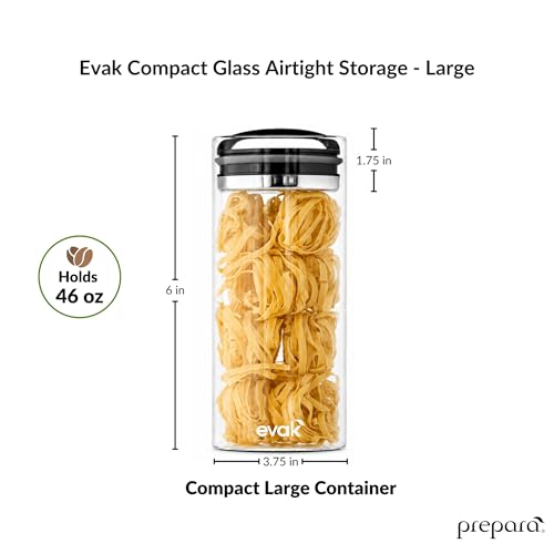 Prepara Evak large glass food storage container with airtight lid, measuring 6 x 3.75 inches, for fresh kitchen organization.