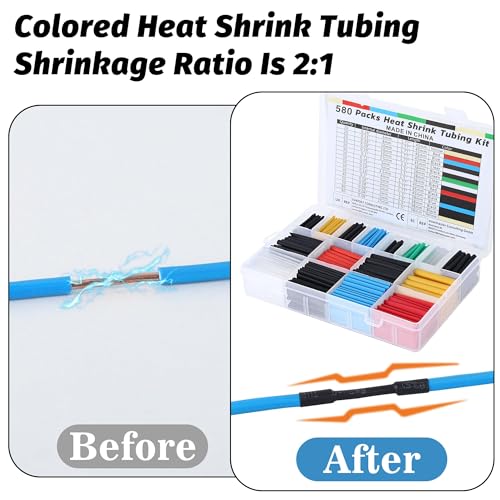 Heat Shrink Tubing Set, 580 Pieces, Heat Shrink Tubes, Colored Includes 6 Colors and 11 Sizes, 2:1 Shrink Ratio, Heat Shrink Tube, Waterproof, Suitable for Cable Insulation, Protect