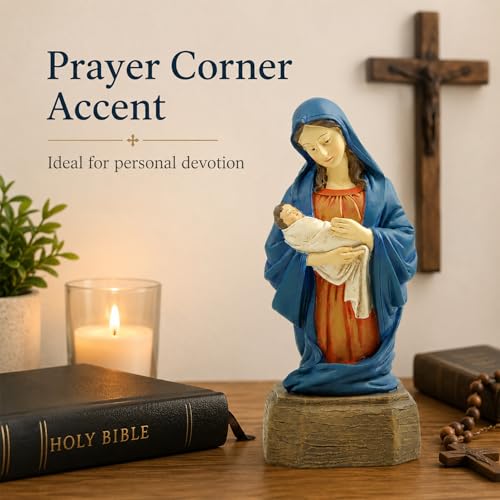 Virgin Mary Statue, Mother Mary Figurine, Catholic Religious Decor Deep Blue Virgin Mary Holding Baby Jesus Figurine