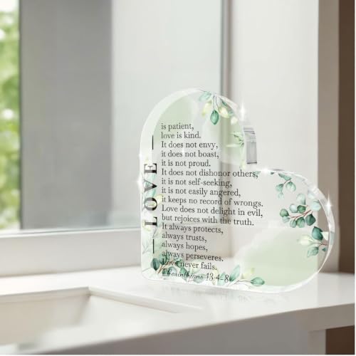 Christian Gifts for Women, Bible Verse 1 Corinthians 13:4-8 - Christian Shelf Decor, Acrylic Heart Decorative with Love, Plaque for Anniversary, Wedding Gifts, Inspiration Religious Gifts for Women Green-6 4.0x4.0 in