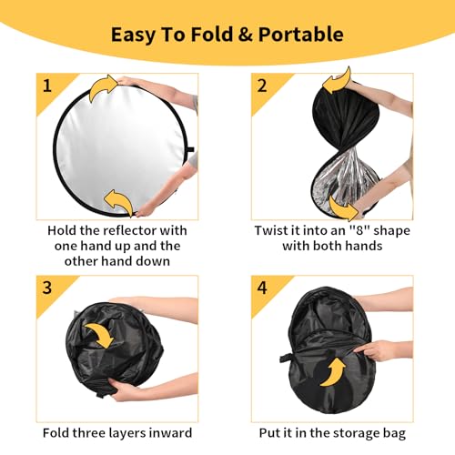 24/32/43/52in Light Reflectors for Photography, 5 in 1 Light Diffuser with Panel & Bag Reflector Photography, Ideal for Content Creator Essentials&Photographer in Silver,Gold,White and Black 32inch/80cm