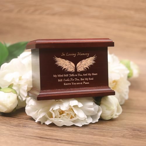 6 Inch Small Wooden Urn for Human Ashes - Keepsake Urn for Men & Women, Funeral Ashes Holder, Wooden Urn Box and Casket with Wing Design Design: Wing