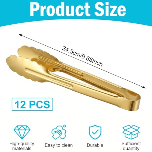 12 Pack Gold Serving Tongs, Stainless Steel Buffet Tongs, 9 Inch