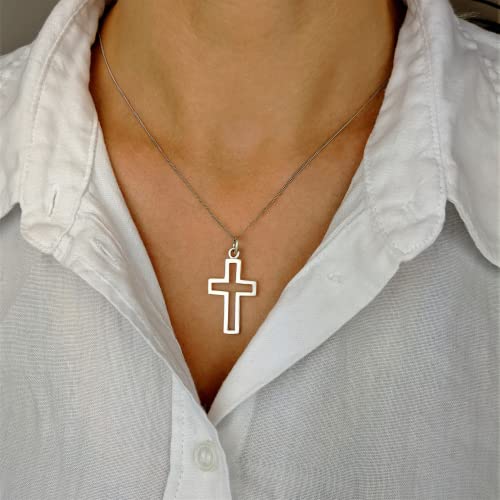 Silverly Sterling Silver Large Open Cross Pendant Necklace for Men - Flat-Edge 925 Silver Cross Pendant on 18" Curb Chain - Modern Christian Jewellery for Women - Religious Gift
