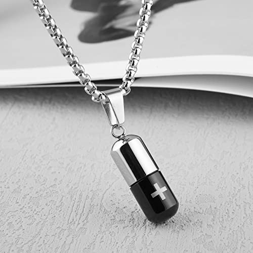 STWTR Stainless Steel Cylindrical Souvenir Capsule Pill Pendant Necklace, Cremated Ashes Pill Container Necklace Black-B