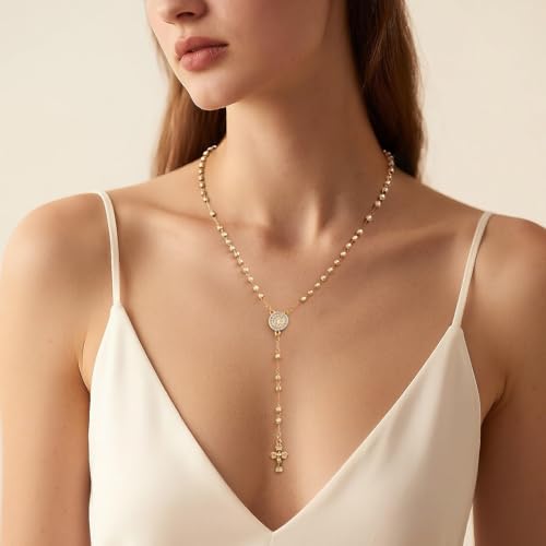 XUANPAI Virgin Mary Necklace,14k Gold Plated Rosary Bead Cross Necklaces