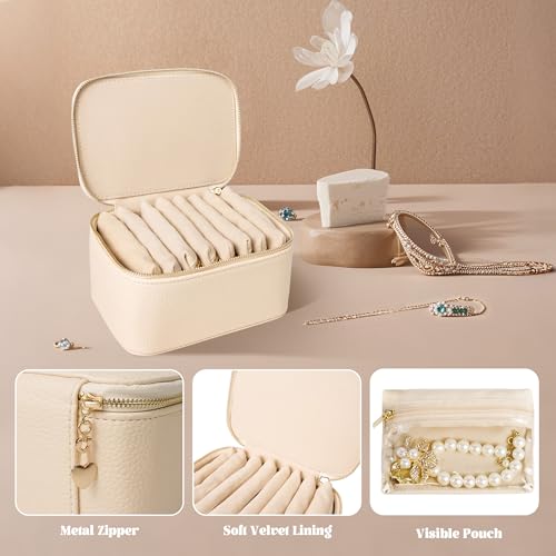 Travel Jewelry Case, Small Travel Jewelry Box with 8 Velvet Jewelry Bag Mini Pouch, Portable Travel Jewelry Organizer for Rings Earrings Necklaces (Beige 8 Pcs) Beige 8 Pcs