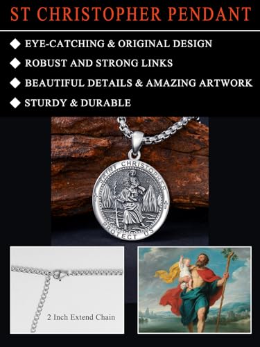Seiyang 925 Sterling Silver St Michael/St Christopher/St Raphael/St Jude/St Benedict Crucifix Pendant/Nail Cross Necklace Religious Amulet Jewelry Gift for Men Women (with Gift Box) A04-Christopher(Round)