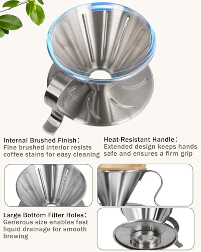 Belly Moka stainless steel pour over coffee dripper with reusable filter papers, 11.8oz capacity, silver finish, for 1-2 cups.