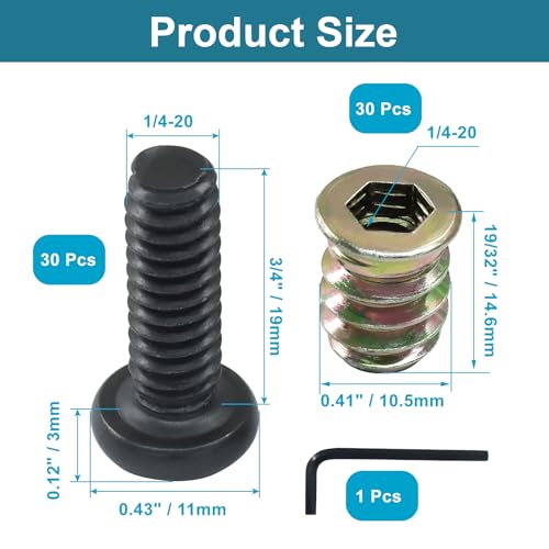 LifCratms 1/4-20 threaded inserts for wood furniture with screws, 19/32-inch, 30 sets